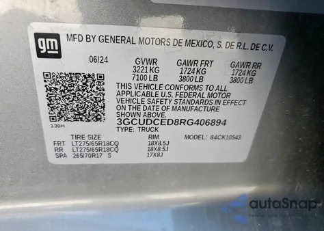 2024 Chevrolet Silverado K1500 Trail Boss Custom z USA, uszkodzony, nr VIN 3GCUDCED8RG406894